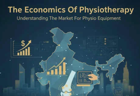 The Economics Of Physiotherapy: Understanding The Market For Physio Equipment 4 Infographic showing the economics of physiotherapy equipment in India, with charts for market growth, clinic increase, a map of India, and icons representing technology and healthcare.