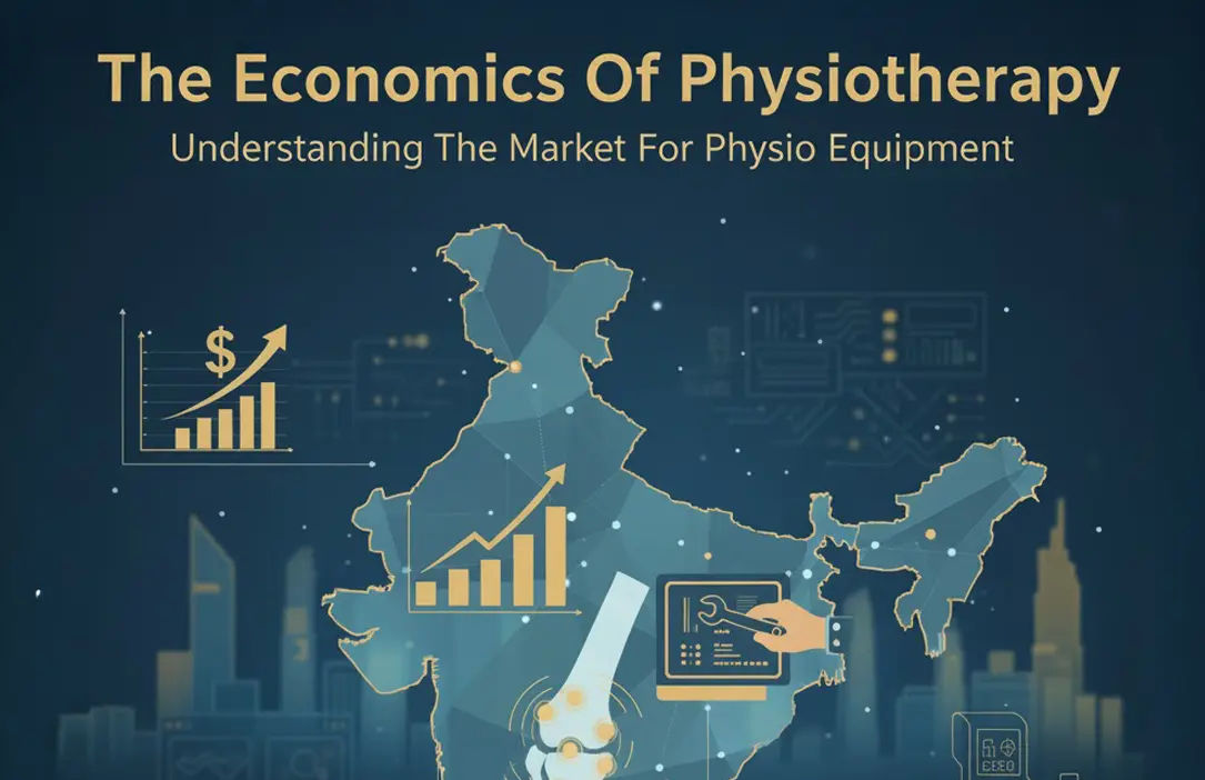 Infographic showing the economics of physiotherapy equipment in India, with charts for market growth, clinic increase, a map of India, and icons representing technology and healthcare.