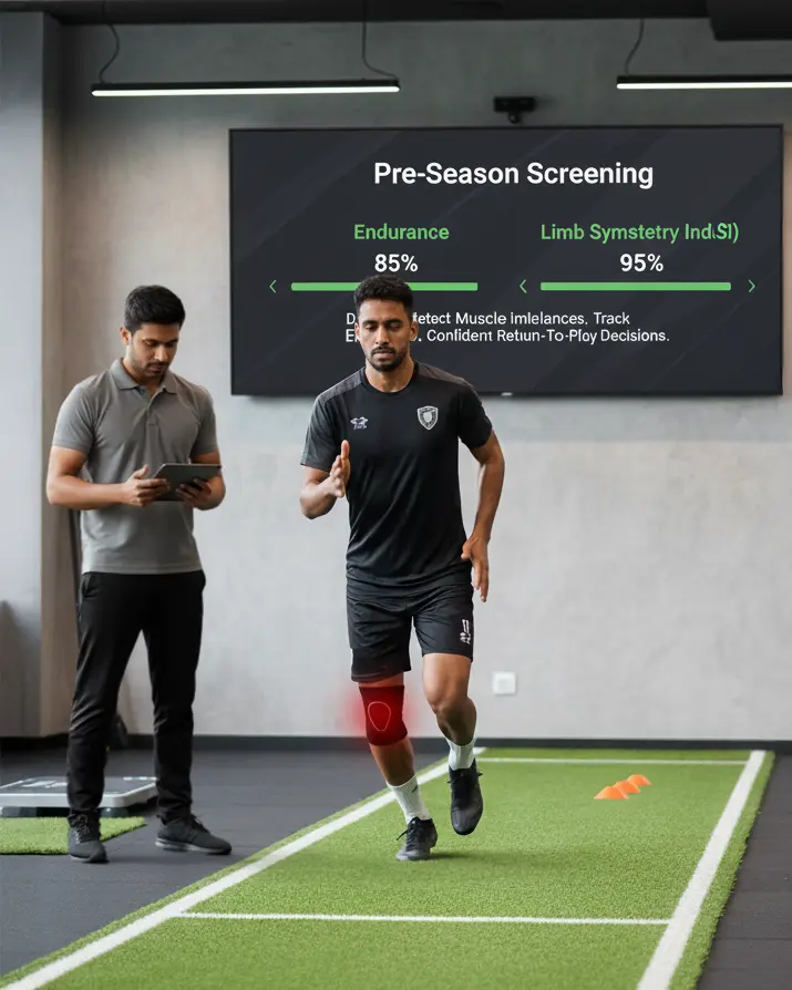 Physiotherapist analyzing footballer’s movement while Fitmust dashboard displays endurance and LSI metrics on large screen