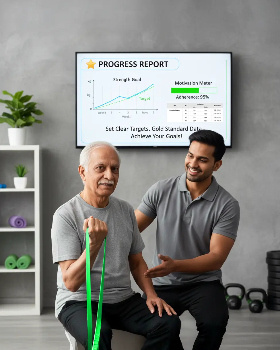 Elderly musculoskeletal patient exercising while Fitmust screen displays normative data and compliance progress