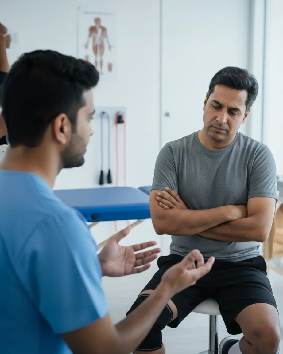 Physiotherapist explaining treatment to an uninterested patient during initial consultation