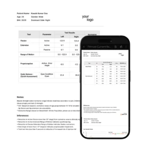 Fitmust mobile app showing detailed strength assessment report with visual progress insights and normative