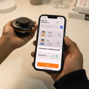Physiotherapist holding Fitmust digital handheld dynamometer connected to Ashva X mobile app showing device is connected and ready to use