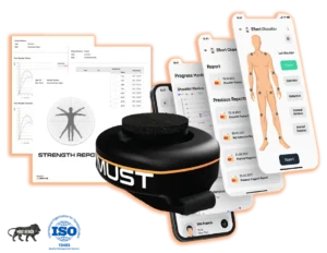 Fitmust digital dynamometer placed in front of Ashva X mobile app and printed strength reports showing muscle performance analytics
