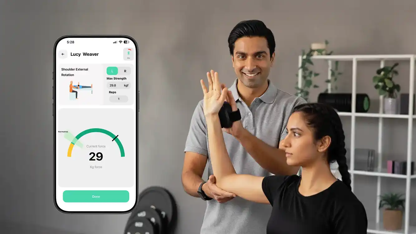 Physio performing isometric strength assessment with Fitmust on patient