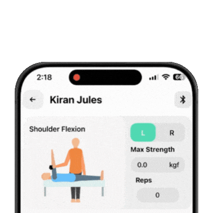 Fitmust app showing knee flexion protocol with live force reading