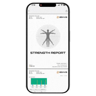 Fitmust app strength report with knee flexion charts and patient data