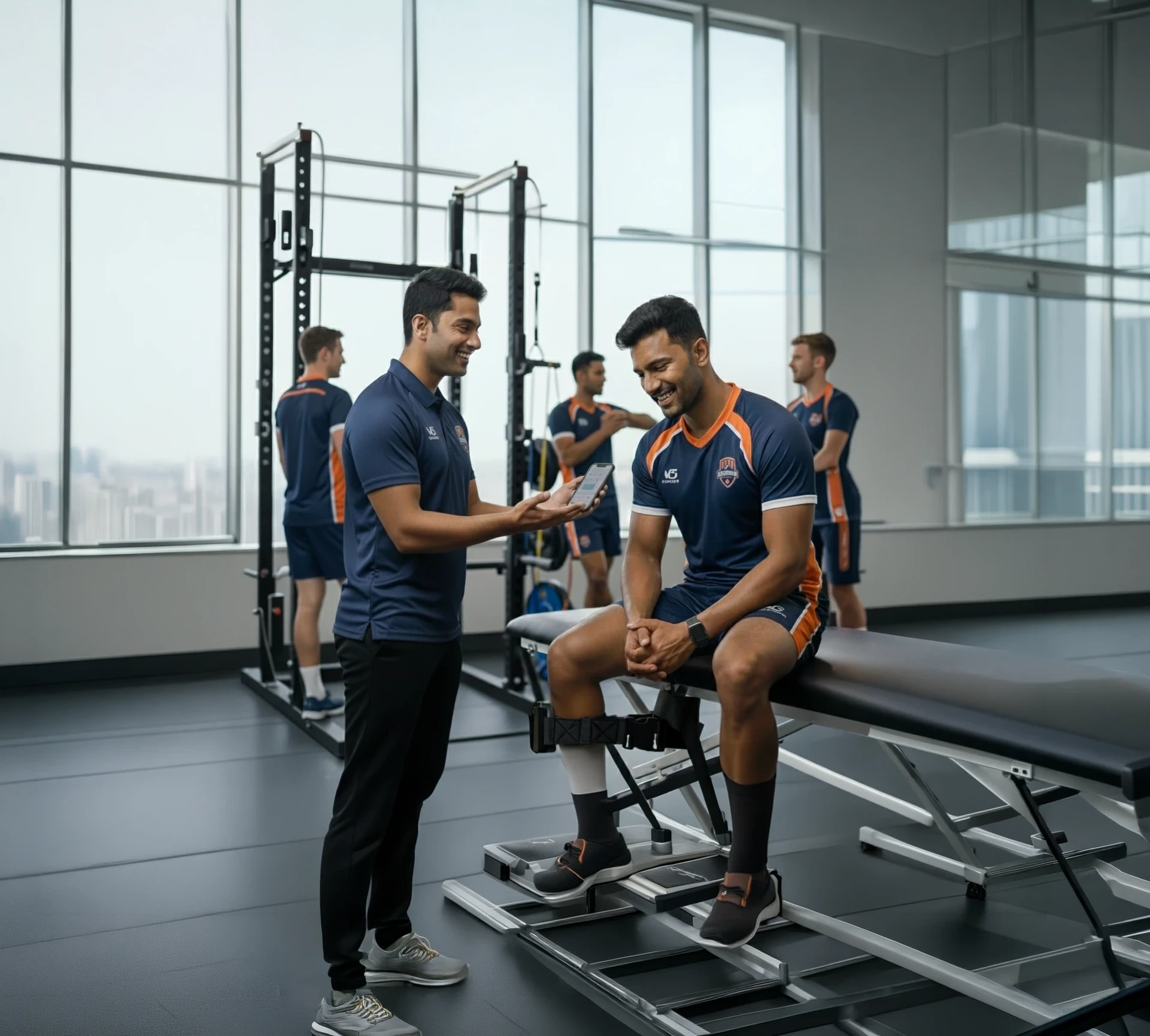 Physiotherapist showing FITMUST app report to a patient athlete during a clinic session