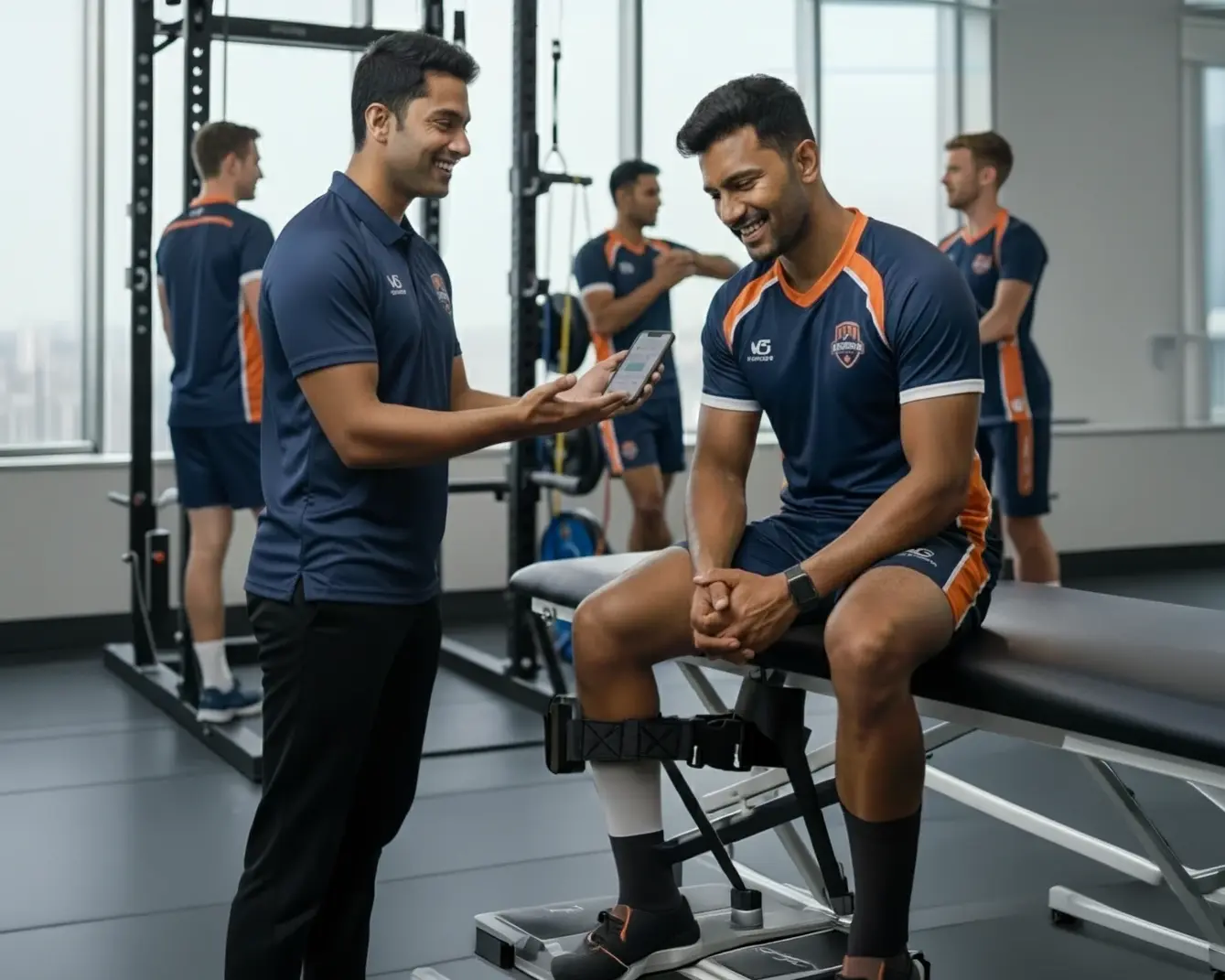 Physio showing athlete their strength results on phone in gym