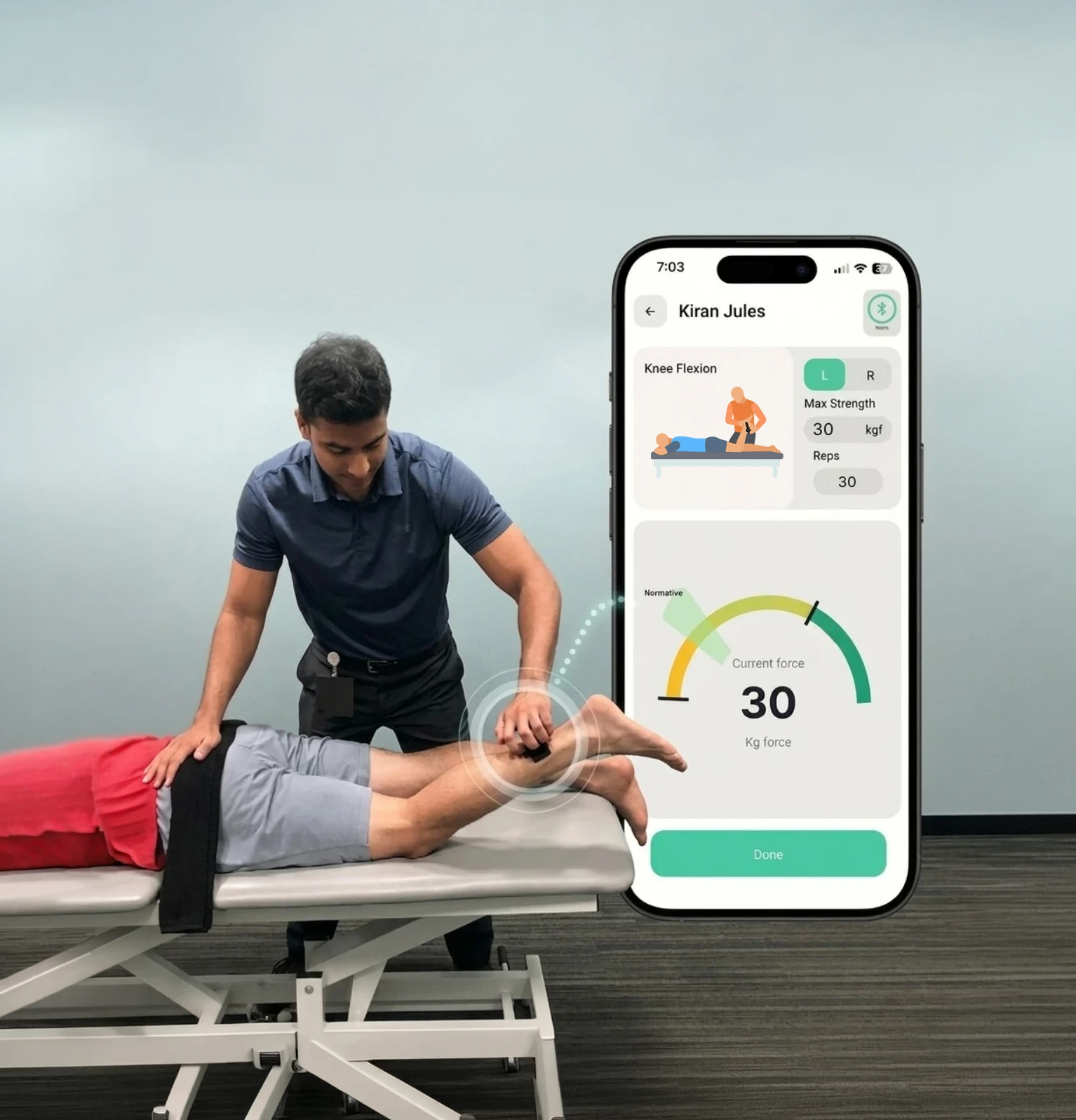 Physiotherapist using FITMUST dynamometer on a patient's knee during ACL rehabilitation session